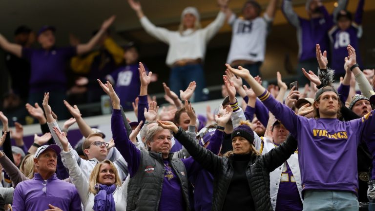 Fans cheer during the Skol chant before an NFL football game between the Minnesota Vikings and Atlanta Falcons, Sunday, Dec. 8, 2024 in Minneapolis. Minnesota won 42-21. (AP Photo/Stacy Bengs)