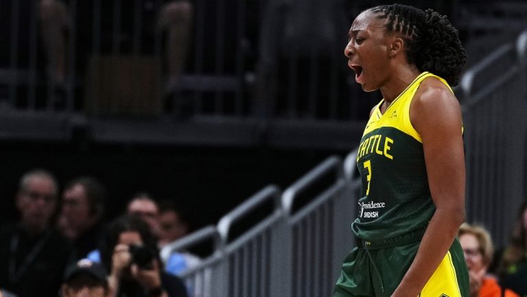 Seattle Storm forward Nneka Ogwumike reacts during the second half of a WNBA basketball game while leading against the Golden State Valkyries, Wednesday, July 16, 2025, in Seattle.