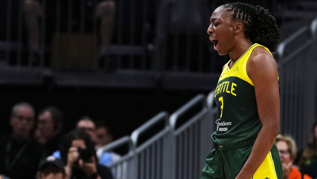 Seattle Storm forward Nneka Ogwumike reacts during the second half of a WNBA basketball game while leading against the Golden State Valkyries, Wednesday, July 16, 2025, in Seattle.