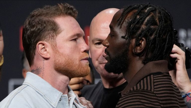Canelo Alvarez, left, and Terence Crawford face off during a news conference for their upcoming boxing match Friday, June 27.