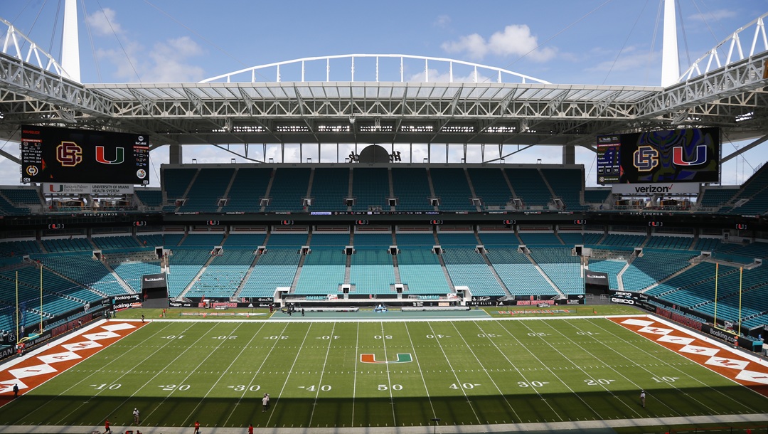 The field at Hard Rock Stadium is shown before the start of an NCAA college football game between Miami and Bethune Cookman, Saturday, Sept. 14, 2019, in Miami Gardens, Fla.