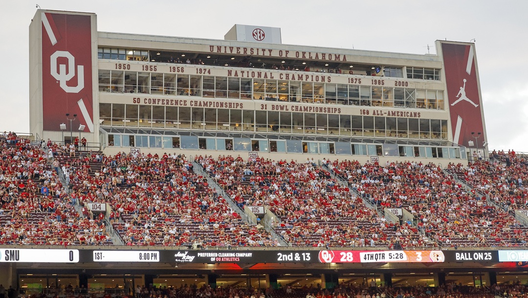A view of the press box at Gaylord Family Oklahoma Memorial Stadium during the second half of an NCAA college football game against Illinois State, Saturday, Aug. 30, 2025, in Norman, Okla.