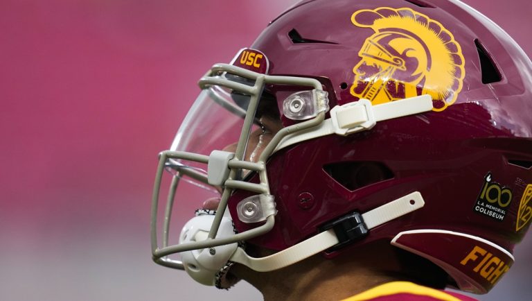 Southern California quarterback Caleb Williams (13) looks up as he warms up before an NCAA college football game against UCLA in Los Angeles, Saturday, Nov. 18, 2023.