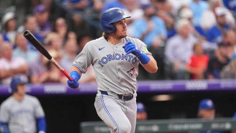 Toronto Blue Jays third baseman Addison Barger (47) in the fourth inning of a baseball game Tuesday, Aug. 5, 2025, in Denver.