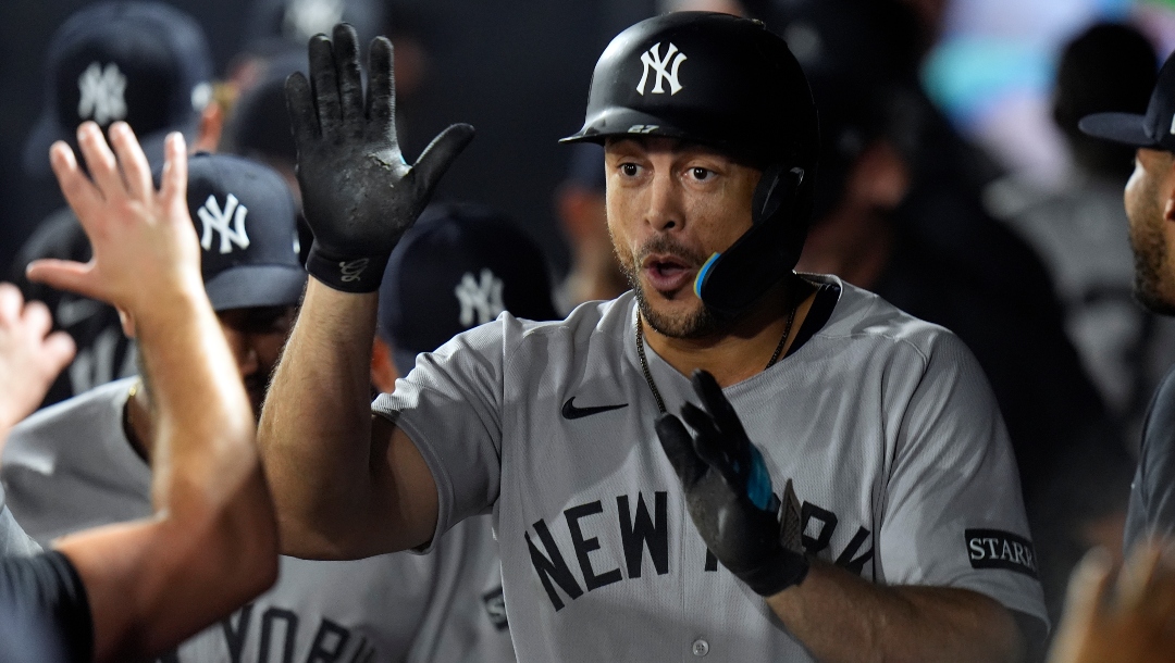New York Yankees' Giancarlo Stanton celebrates in the dugout after hitting a solo home run off Tampa Bay Rays pitcher Shane Baz during the first inning of a baseball game Tuesday, Aug. 19, 2025, in Tampa, Fla.