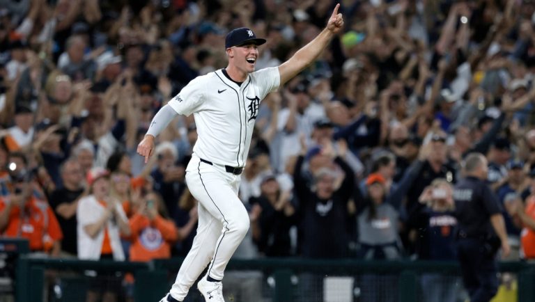 Detroit Tigers' Kerry Carpenter (30) celebrates after the Tigers defeated the Chicago White Sox to make the playoffs in a baseball game Friday, Sept. 27, 2024, in Detroit.