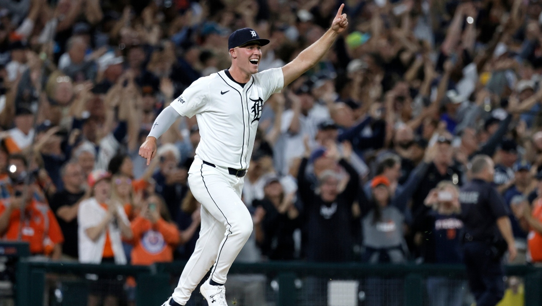 Detroit Tigers' Kerry Carpenter (30) celebrates after the Tigers defeated the Chicago White Sox to make the playoffs in a baseball game Friday, Sept. 27, 2024, in Detroit.