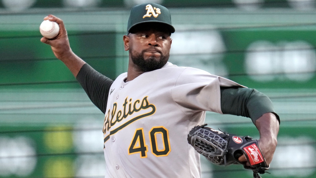 Athletics pitcher Luis Severino delivers during the first inning of a baseball game against the Pittsburgh Pirates in Pittsburgh, Friday, Sept. 19, 2025.