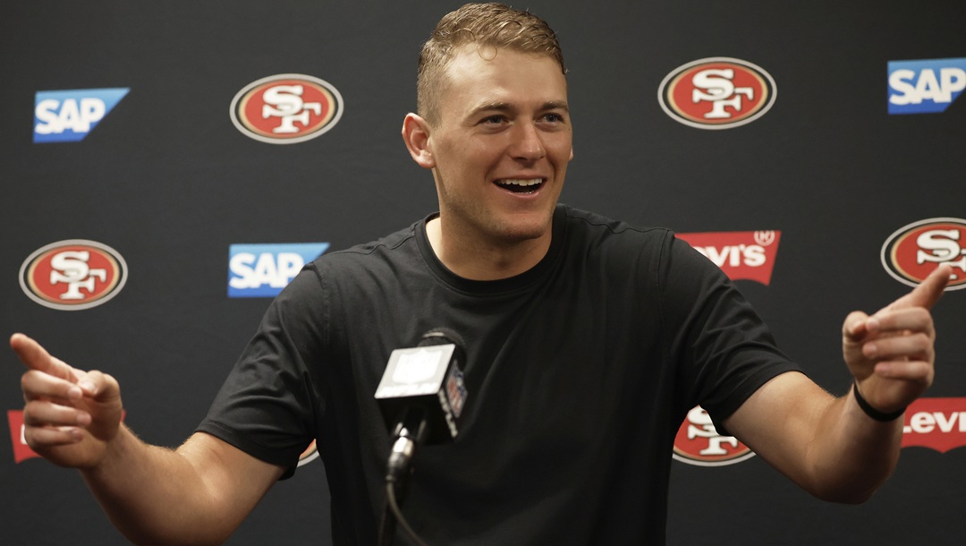 San Francisco 49ers quarterback Mac Jones speaks at a news conference after an NFL football game against the New Orleans Saints in New Orleans, Sunday, Sept. 14, 2025.