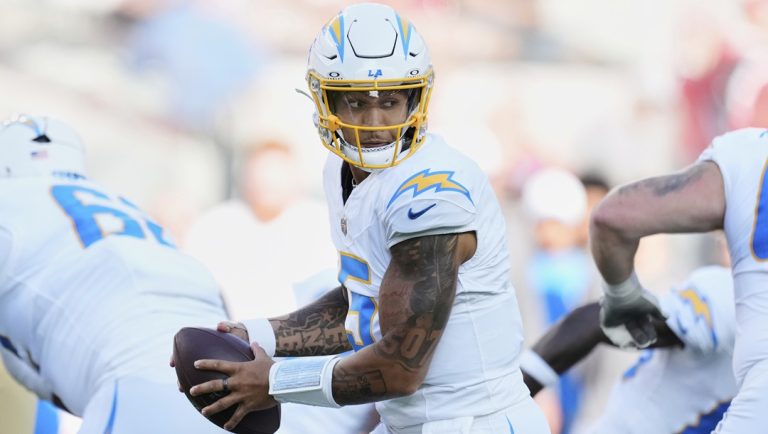 Los Angeles Chargers quarterback Trey Lance (5) looks to pass during the first half of an NFL preseason football game against the San Francisco 49ers, Saturday, Aug. 23, 2025, in Santa Clara, Calif.