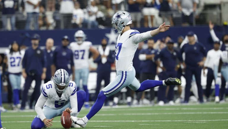 Dallas Cowboys kicker Brandon Aubrey (17) kicks a game winning field goal in overtime during a NFL football game against the New York Giants on Sunday, Sept. 14, 2025, in Arlington, Texas.
