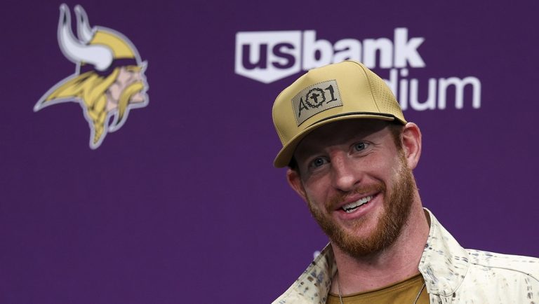 Minnesota Vikings quarterback Carson Wentz speaks after an NFL football game against the Cincinnati Bengals, Sunday, Sept. 21, 2025, in Minneapolis.