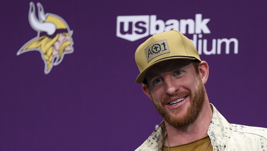 Minnesota Vikings quarterback Carson Wentz speaks after an NFL football game against the Cincinnati Bengals, Sunday, Sept. 21, 2025, in Minneapolis.