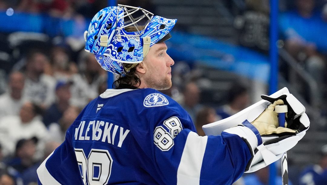 Tampa Bay Lightning goaltender Andrei Vasilevskiy reacts after giving up a goal to the Florida Panthers during the third period in Game 5 of an NHL hockey Stanley Cup first-round playoff series, Wednesday, April 30, 2025, in Tampa, Fla.