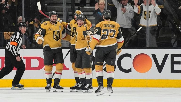 Vegas Golden Knights right wing Victor Olofsson (95) celebrates after scoring against the Edmonton Oilers during the first period of Game 2 of a second-round NHL hockey playoff series Thursday, May 8, 2025, in Las Vegas.