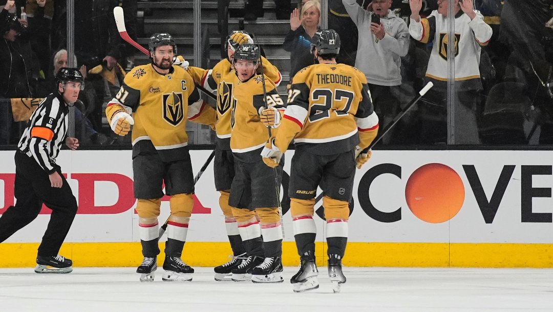 Vegas Golden Knights right wing Victor Olofsson (95) celebrates after scoring against the Edmonton Oilers during the first period of Game 2 of a second-round NHL hockey playoff series Thursday, May 8, 2025, in Las Vegas.