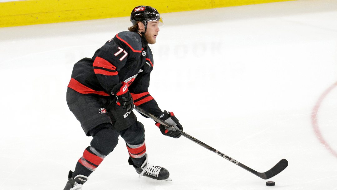 Carolina Hurricanes center Mark Jankowski (77) moves the puck against the Florida Panthers during the second period in Game 5 of the NHL hockey Stanley Cup Eastern Conference finals Wednesday, May 28, 2025, in Raleigh, N.C.
