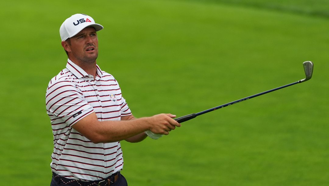 Bryson DeChambeau hits from the fairway on the first hole during a practice round for the Ryder Cup golf tournament, Wednesday, Sept. 24, 2025, on the Bethpage Black golf course, in Farmingdale, N.Y.