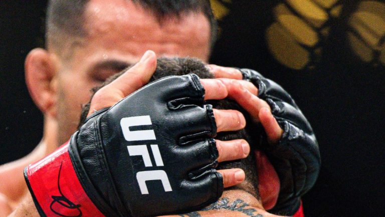 UFC gloves in a featherweight title fight at UFC 318 in New Orleans, La., Saturday, July 19, 2025.