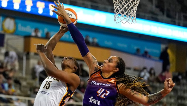 Phoenix Mercury center Brittney Griner (42) blocks the shot of Indiana Fever forward Teaira McCowan (15) in the second half of a WNBA basketball game in Indianapolis, Monday, Sept. 6, 2021.