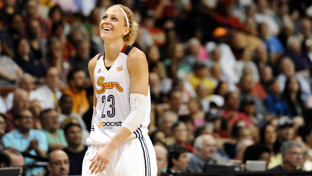 Connecticut Sun’s Katie Douglas reacts during the second half of a WNBA basketball game against the Chicago Sky, Tuesday, Aug. 5, 2014, in Uncasville, Conn.