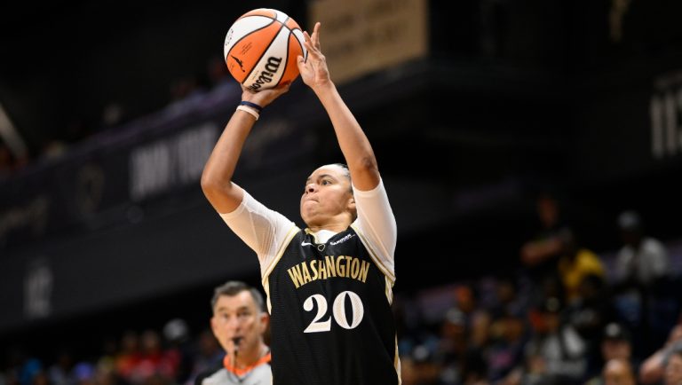 FILE - Washington Mystics guard Kristi Toliver (20) in action during a WNBA basketball game against the Phoenix Mercury, June 16, 2023, in Washington.