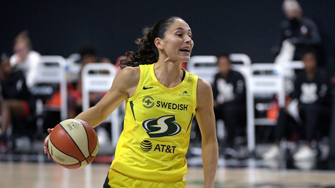 Seattle Storm guard Sue Bird (10) sets up a play during the second half of Game 2 of basketball's WNBA Finals against the Las Vegas Aces, Sunday, Oct. 4, 2020, in Bradenton, Fla.