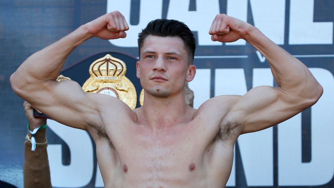 Boxer Kieron Conway poses for photos during his weigh-in ahead of his fight against Souleymane Cissokho, Friday, May 7, 2021.
