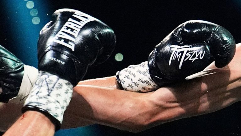 Tim Tszyu, left, fights Sebastian Fundora in a super welterweight title boxing match Saturday, July 19, 2025, in Las Vegas.