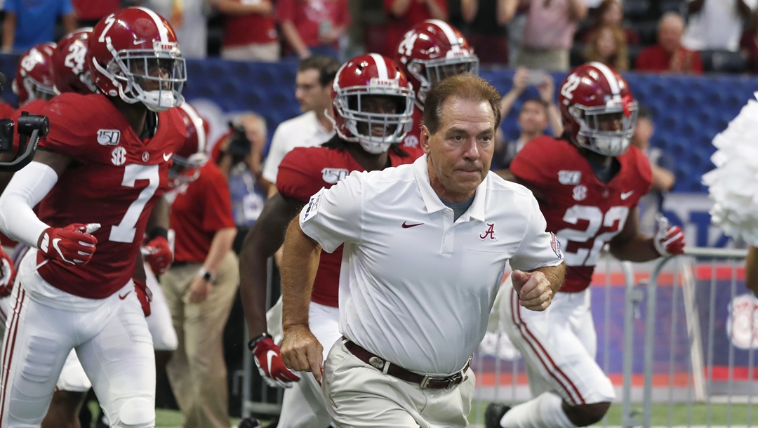 In this Aug. 31, 2019, file photo, Alabama head coach Nick Saban leads his team onto the field for a an NCAA college football game against Duke, in Atlanta. Nick Saban is joining ESPN's “College GameDay,” the long-running Saturday pregame road show he appeared on as a guest so frequently during his 17 seasons as Alabama coach. The network announced Wednesday, Feb. 7, 2024 that Saban will be an on-set analyst for “GameDay.”