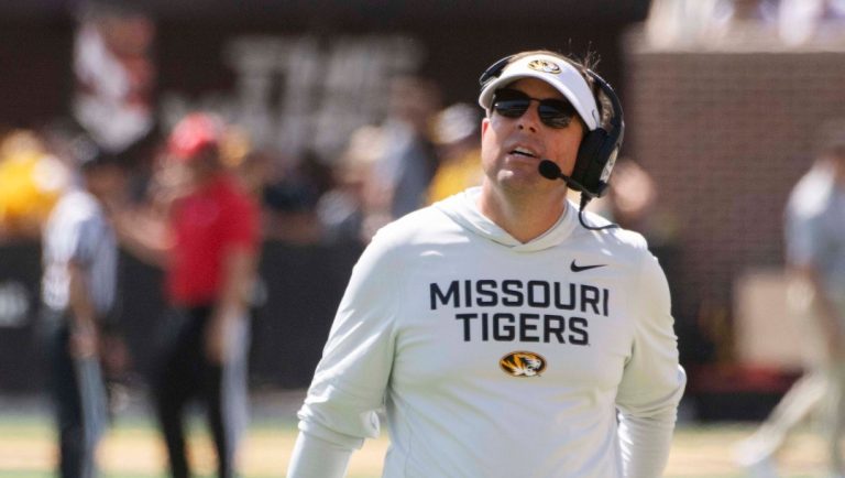 Missouri head coach Eliah Drinkwitz walks the sidelines during the first half of an NCAA college football game against Louisiana-Lafayette Saturday, Sept. 13, 2025, in Columbia, Mo. (AP Photo/L.G. Patterson)