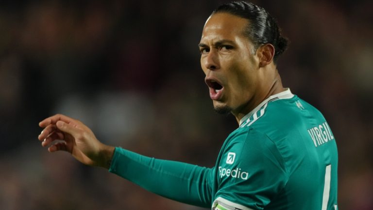 Liverpool's Virgil van Dijk reacts during the Premier League soccer match between Brentford and Liverpool in London, Saturday, Oct. 25, 2025.