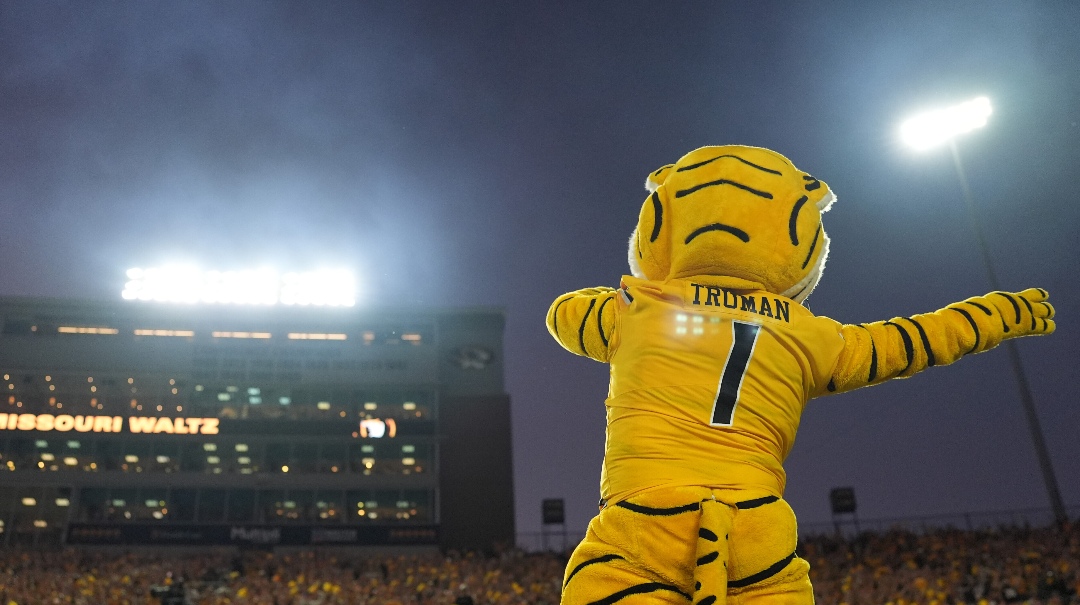 Missouri mascot Truman the Tiger is seen during the first half of an NCAA college football game between Missouri and Massachusetts Saturday, Sept. 27, 2025, in Columbia, Mo. (AP Photo/Jeff Roberson)