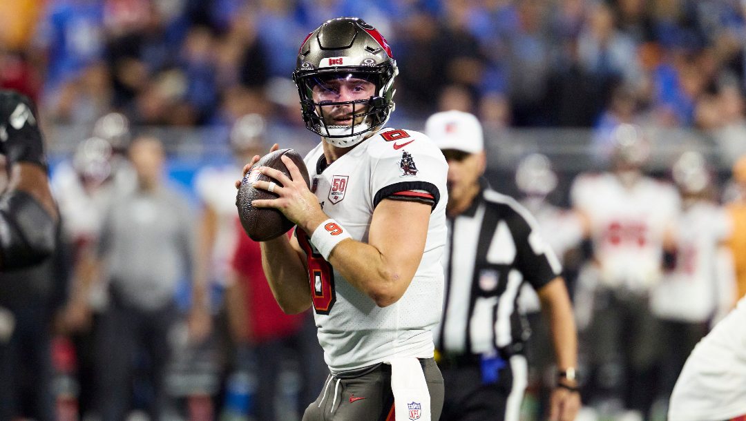 Tampa Bay Buccaneers quarterback Baker Mayfield (6) passes against the Detroit Lions during an NFL football game in Detroit, Monday, Oct. 20, 2025.
