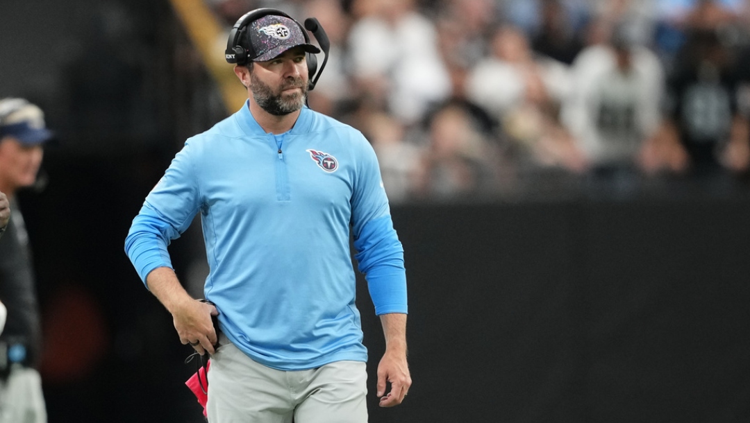 Tennessee Titans head coach Brian Callahan walks on the sidelines during the second half of an NFL football game between the Las Vegas Raiders and the Tennessee Titans, Sunday, Oct. 12, 2025, in Las Vegas.