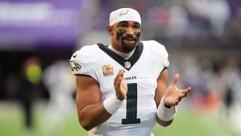 Philadelphia Eagles quarterback Jalen Hurts (1) walks off the field after a win over the Minnesota Vikings in an NFL football game Sunday, Oct. 19, 2025, in Minneapolis.