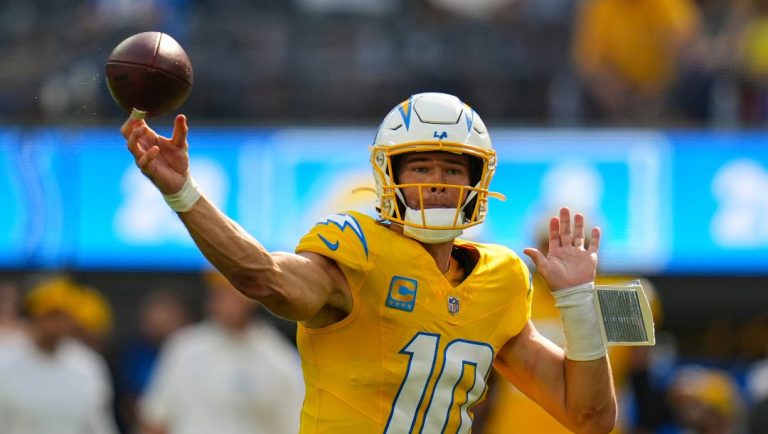 Los Angeles Chargers quarterback Justin Herbert (10) throws against the Indianapolis Colts during the second half of an NFL football game Sunday, Oct. 19, 2025, in Inglewood, Calif.
