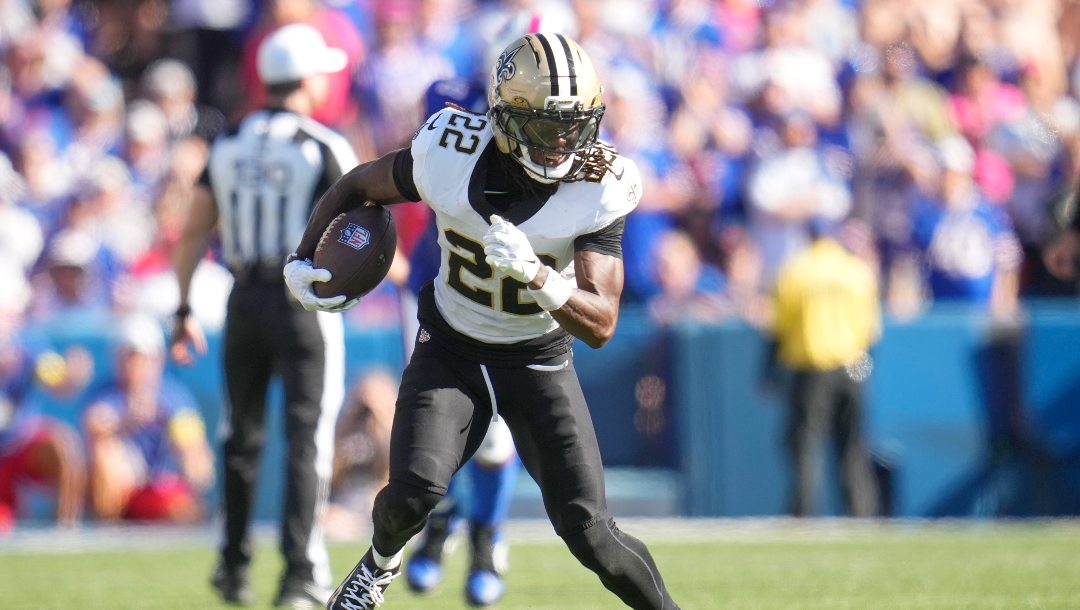 New Orleans Saints wide receiver Rashid Shaheed (22) carries against the Buffalo Bills in the second half of an NFL football game, Sunday, Sept. 28, 2025, in Orchard Park, N.Y.