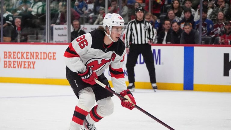 New Jersey Devils center Jack Hughes (86) in the second period of an NHL hockey game Wednesday, Feb. 26, 2025, in Denver.