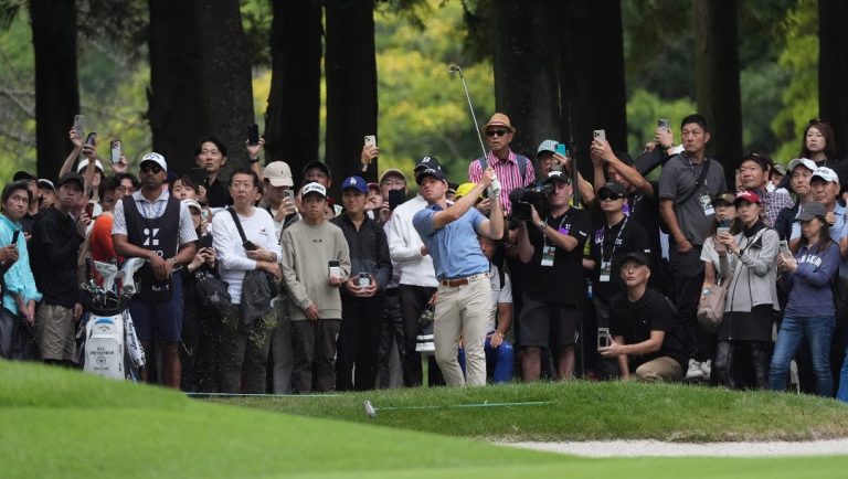 Max Greyserman of the United States hits a shot on the on the 18th hole in the final round of the PGA Tour Zozo Championship at the Narashino Country Club in Inzai on the outskirts of Tokyo, Sunday, Oct. 27, 2024.