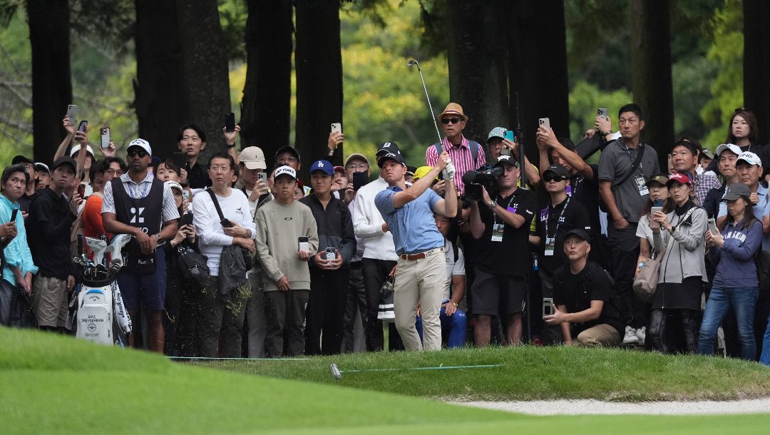 Max Greyserman of the United States hits a shot on the on the 18th hole in the final round of the PGA Tour Zozo Championship at the Narashino Country Club in Inzai on the outskirts of Tokyo, Sunday, Oct. 27, 2024.