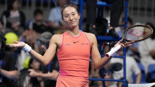 China's Zheng Qinwen gestures after winning against Sofia Kenin of the United States in the final match of the Pan Pacific Open women's tennis tournament at Ariake Coliseum, in Tokyo, Sunday, Oct. 27, 2024.