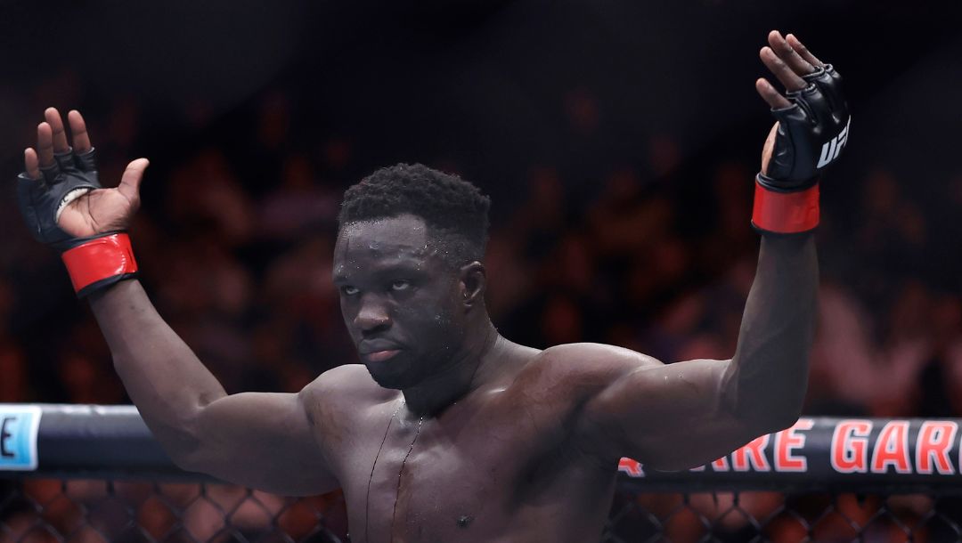 Uganda's David Onama reacts against Mexico's Roberto Romero in a UFC 309 mixed martial arts lightweight title bout.