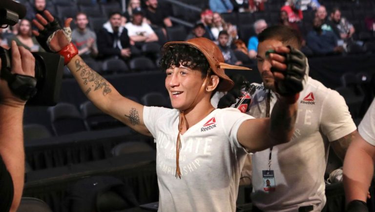 Virna Jandiroba celebrates a win against Mallory Martin after their mixed martial arts bout at UFC Fight Night, Saturday.