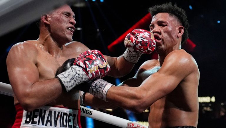 David Benavidez lands a left to David Morrell during a light heavyweight title boxing match Saturday, Feb. 1, 2025, in Las Vegas.