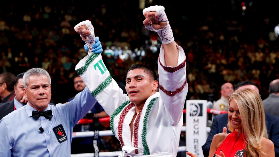 Vergil Ortiz Jr. celebrates his win against Mauricio Herrera in a welterweight boxing match Saturday, May 4, 2019, in Las Vegas.