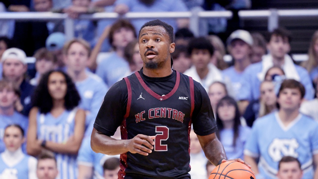 North Carolina Central guard Dionte Johnson (2) brings the ball up the floor during the second half of an NCAA college basketball game gainst North Carolina, Friday, Nov. 14, 2025, in Chapel Hill, N.C.