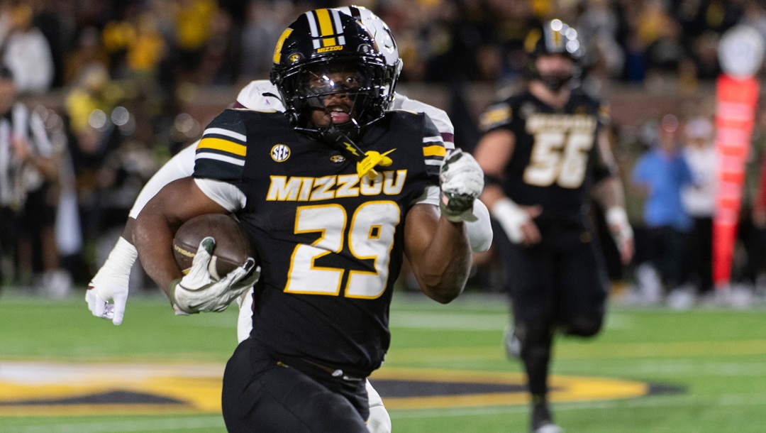 Missouri running back Ahmad Hardy (29) runs the ball during the second half of an NCAA college football game against Mississippi State Saturday, Nov. 15, 2025, in Columbia, Mo.