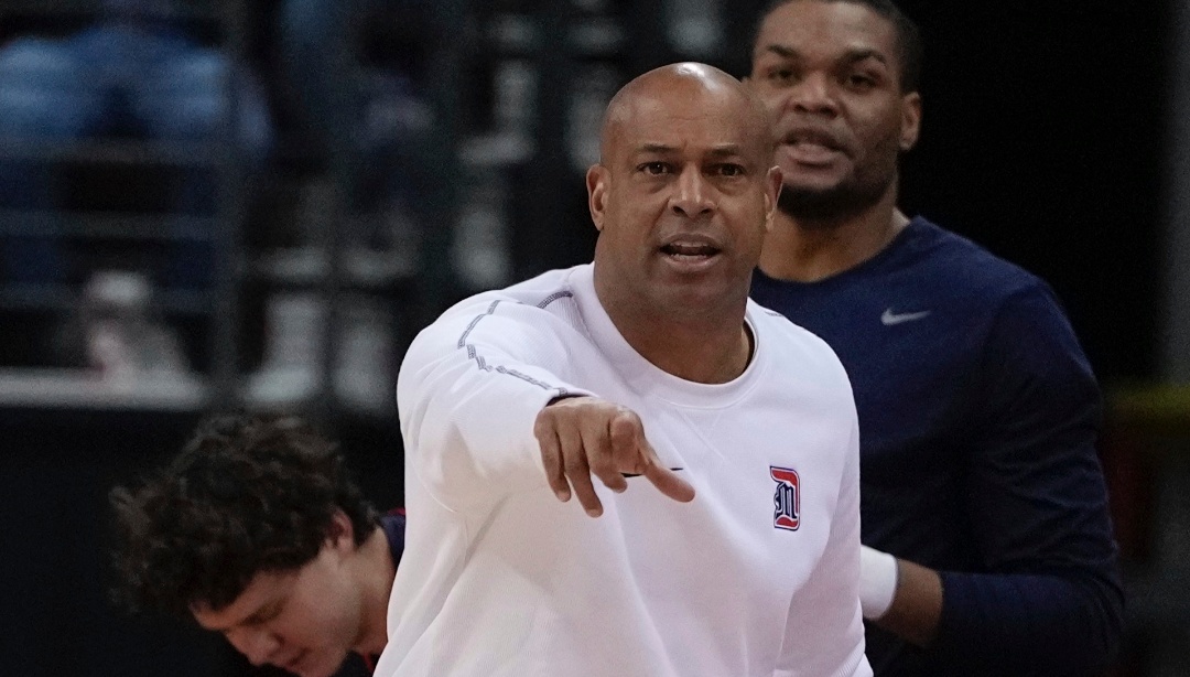 Detroit Mercy head coach Mark Montgomery reacts during the first half of an NCAA college basketball game Sunday, Dec. 22, 2024, in Madison, Wis. (AP Photo/Morry Gash)