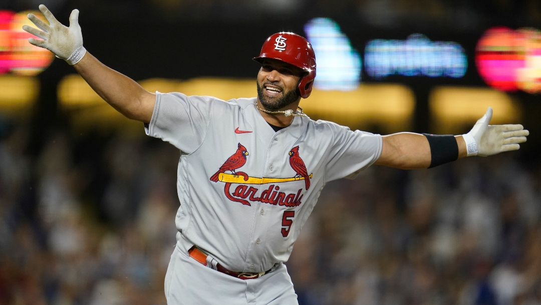 FILE - St. Louis Cardinals designated hitter Albert Pujols (5) reacts after hitting his 700th home run during the fourth inning of a baseball game against the Los Angeles Dodgers in Los Angeles on Sept. 23, 2022.